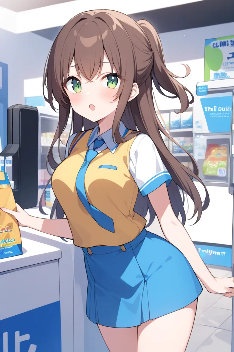 Girl working at convenience store、 facing the front、Combine FamilyMart uniforms with Lawson uniforms、Standing still、( female college student)、 no background、Sexy、hair brown、Light green eyes、Semi-long hairstyle、 half up、A  with an energetic personality、The ...