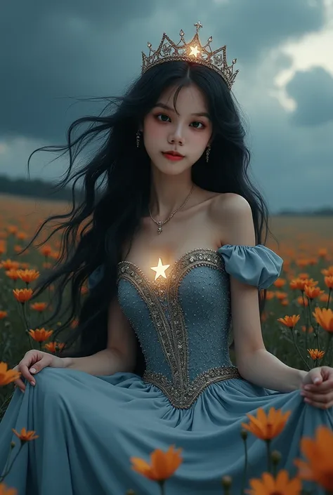 Realistic like a photo, full body, pretty princess, glowing tiara, shiny star on dress, gilter, big wide eyes, wearing princess dress, holding her dress, very long wavy messy hair, black hair, very long hair, pale white skin, small lips, master piece, phot...