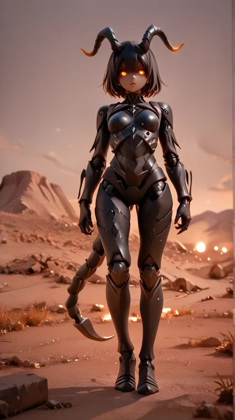 Full body wide angle shot of Athletic female pale huntress covered in black Scorpion style bio-armor, Organic exoskeletal skin, african with the face of a scorpion and multiple glowing eyes, post-apocalyptic desert setting, dark severe color palette, conce...