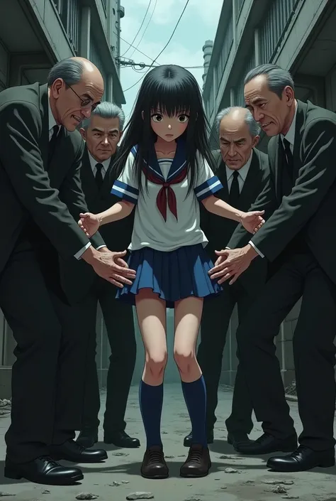 The full body of a Japanese girl in a sailor suit wearing thigh-length socks being touched on her thighs by several old men in a slum