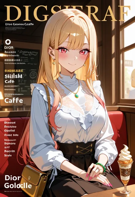 Marin Kitagawa, sitting at a stylish café, casually adjusting her delicate gold necklace with one hand, resting her other hand on her lap, looking at the jewelry with a thoughtful expression, long sleek blonde hair softly cascading over her shoulders, ligh...