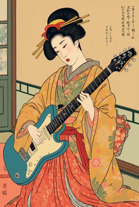 Ukiyo-e style, A maiko in a kimono plays an electric guitar on stage, Ukiyoe on Japanese paper, Kimono, flat color anime, fushihui, headshot, (upper body, half body photo).