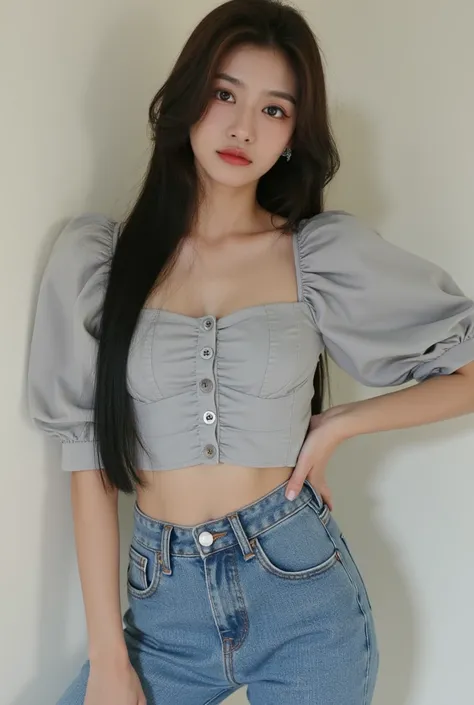 18-year-old female、Suggest K-pop idols、 with long straight hair, gradation lips, and sharp eye makeup、 give a glamorous impression 。 oversized tops and skinny denim 、I like sneakers 、 It features a casual style with plenty of sense of trend 。 The accessori...