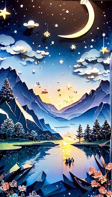 ((( masterpiece))), top quality, illustration,  Sky ,morning,night, crescent, moon,lake,\(  symbol \),1 male,  handsome man , night, board member, star \( Sky \), night空, starry sky,  bright color, Soft light,(Warm colors:1.2), watercolor,  light backgroun...