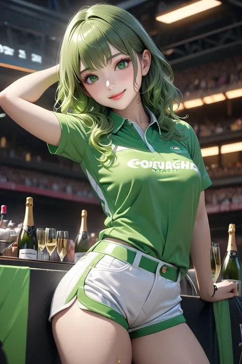  ( bestquality,4K,8k, highres,masterpiece:1.2),ultra-detailed,(realistic, photorealistic,photo-realistic:1.3),HDR,UHD, One race queen girl poses sexy in front of the camera、  The girl has white shorts and mottled green wavy hair  , detailed green eyes and ...