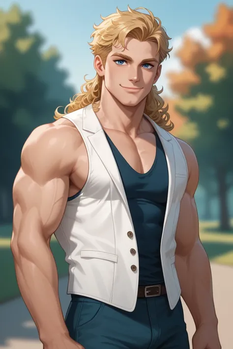 Hot anime man out in the woods ,he is strong ,sexy,blue eyes,blond hair, in a paints and a white vest, muscles, handsome,manly Masterpiece, Best Quality, Accurate, High Resolution, Blonde Hair, Long Hair, Curly Hair, Closed Mouth, Smile, Dutch Angle, Depth...