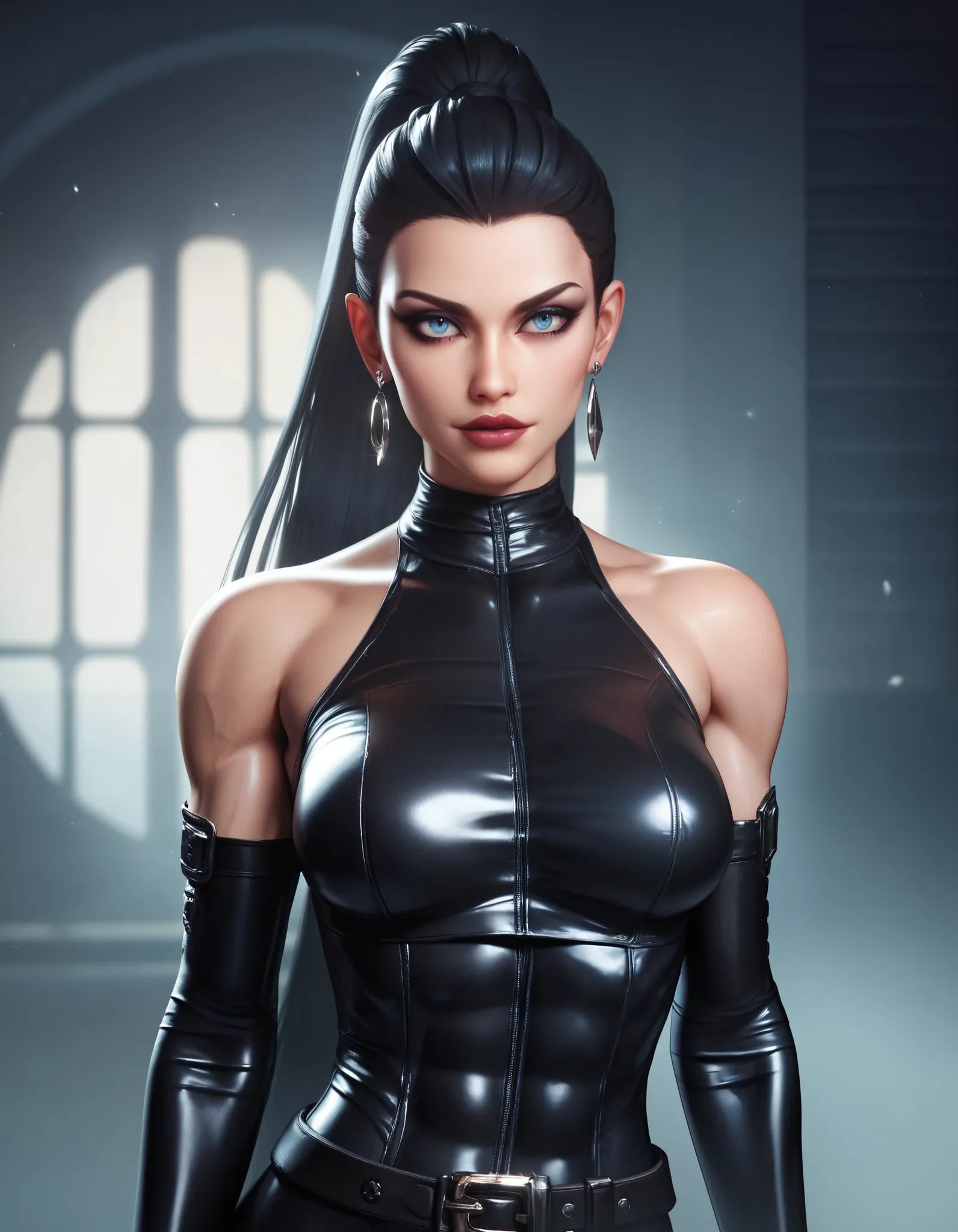 female black sleeveless latex bodysuit, black belt, racerback, bare shoulders, long gloves, black gloves, toned arms, beautiful faces, black ponytail with showing forehead, long ponytail, earrings, soft smooth skin, pale skin, night room background, blue e...