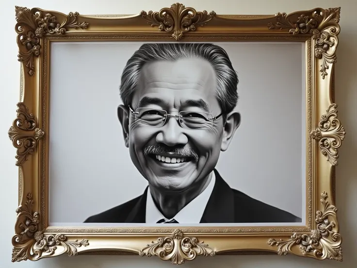 Take a beautiful newspaper-style photo of Mahathir Mohammad in a beautiful frame and make him look younger 