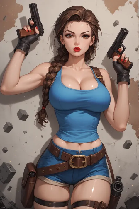 (date:20250212, By:Joulios) masterpiece, best quality, very aesthetic, absurdres, BREAK, 1girl, looking at viewer,  cowboy shot,
lara_classic, brown eyes, brown hair, braided ponytail, long braid, blue tank top, short shorts, fingerless gloves, black glove...