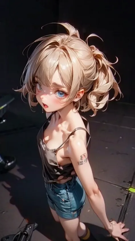 nsfw, (( masterpiece)), (( top quality)), 8k,  from above,  cyberpunk city  , at night,  Baby-Faced Girl ,Big Curve, cinematic lighting,  very messy hair  , Teenage Girl, (Walking on the tip of a beautiful pier ), ( exposed small breasts ), ( terribly tatt...