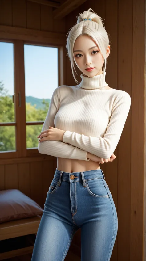 Beautiful white-haired woman is shown to have a slender figure, she is wearing a turtleneck sweater and sexy jeans, senyum , ponytail ,  mata biru muda , girl in a cozy cabin ,Sesi sensual, pose seksi,  koboi menembak , Kualitas Unggul, Many details, reali...