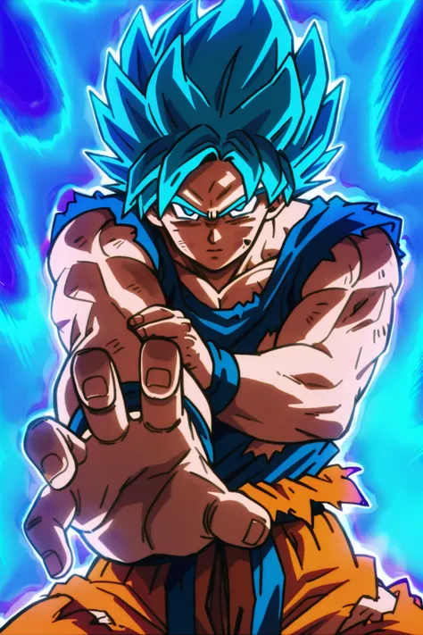 masterpiece, best quality, foreshortening, solo, looking at viewer, blue eyes, 1boy, blue hair, male focus, torn clothes, muscular, spiked hair, wristband, serious, fighting stance, aura, dirty, dougi, super saiyan, dirty face, son goku, blue aura, ,