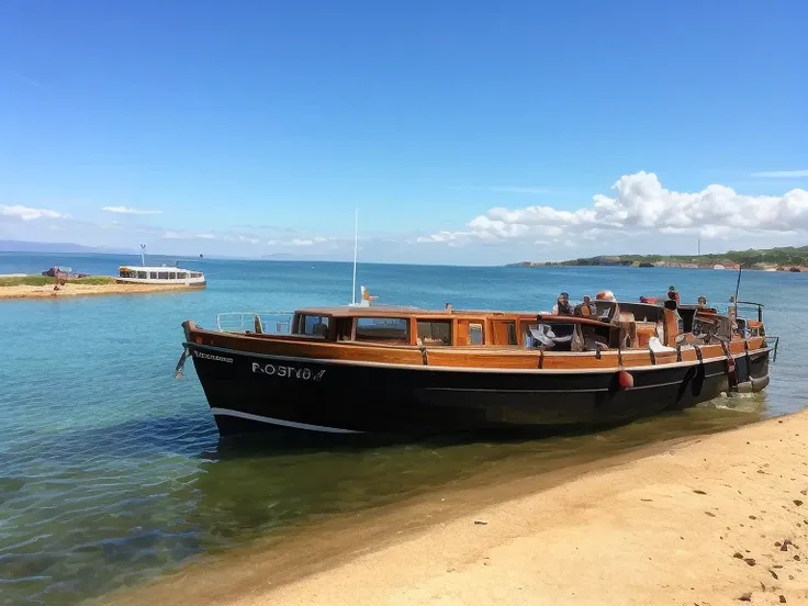 A small tourist boat is floating on the sunny beach in Europe