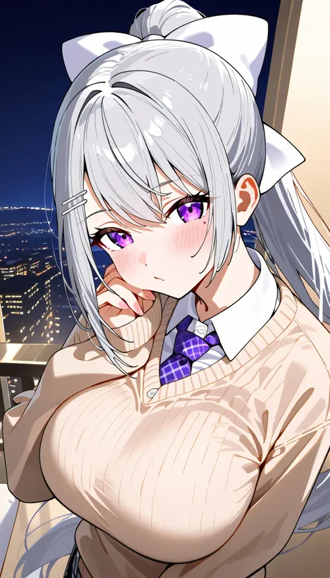 ((top quality)), ((masterpiece)), (Details), 1 girl, solo, Higuchi Kaede/(Nijisanji/),  gray hair long to the waist, ponytail, white ribbons, looking at viewer, (big breasts:1.1), (from head to toe:1.3), slender, (super cute :1.3), (school uniform with bei...