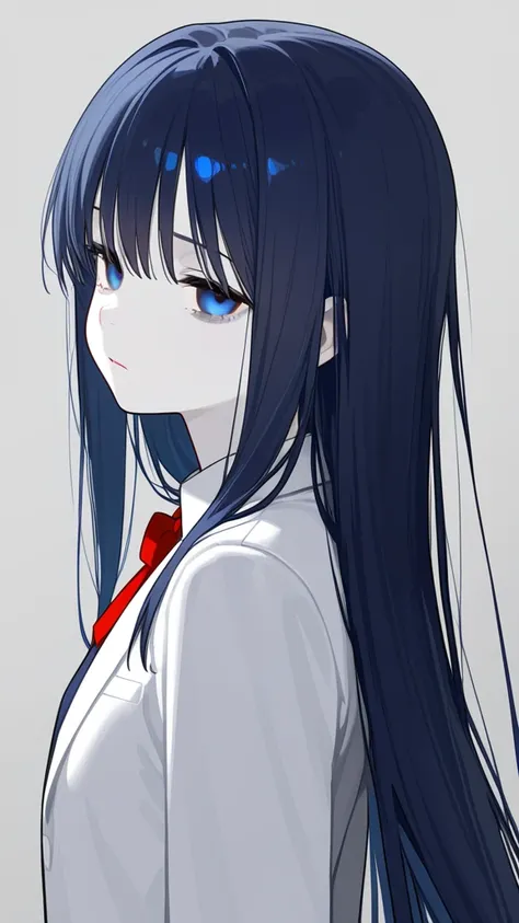 Schoolgirl girl.  long straight hair .  Dark blue hair with red tips.. pale skin.  blue eyes. tired eyes. The girl is wearing a white suit . 