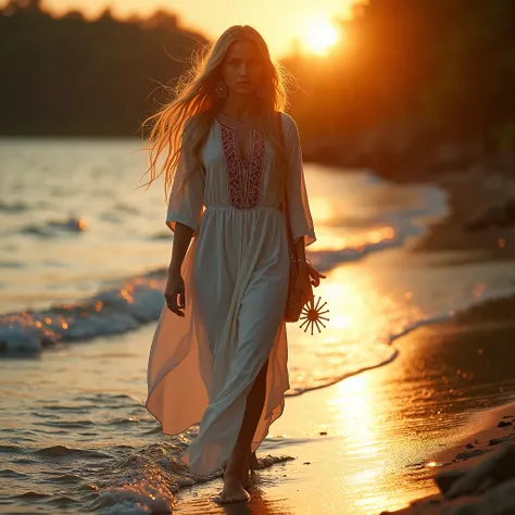  Slavyanka, Ancient Rus&#39;,  Young woman  ( full length tuff,  long blond fluffy hair ,  bag with earrings hanging from it in the form of small suns ,  long white loose shirt with long sleeves and ethnic embroidery on the edges)  walking along the edge o...