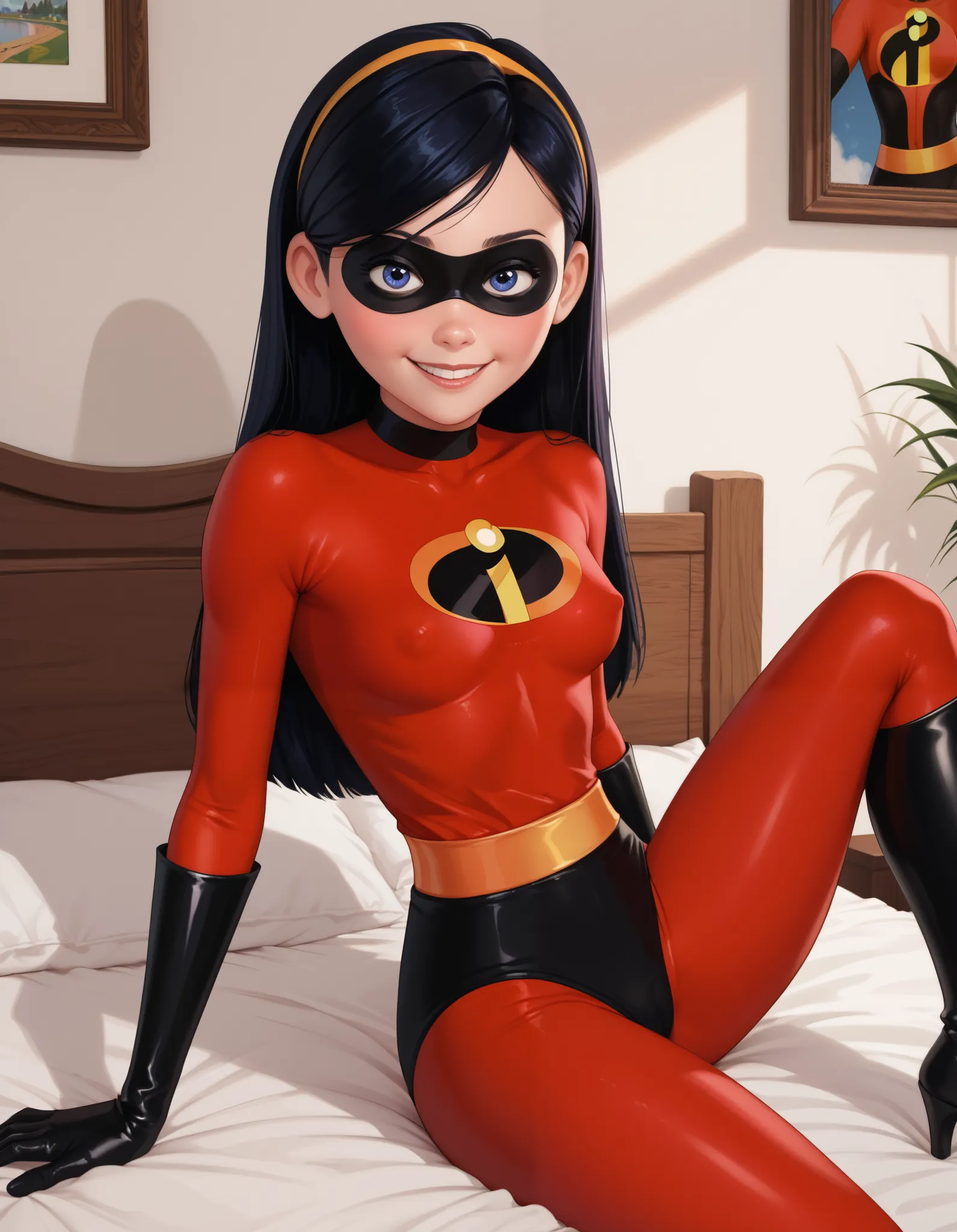 Anime1 girl, Violet Parr, smile,looking at viewer, blue eyes, half closed eyes, sensual expression, incredibles outfit, black high cut panty briefs, red bodysuit leggings, small breasts, black gloves, black knee boots, long dark hair, sitting on bed, sprea...