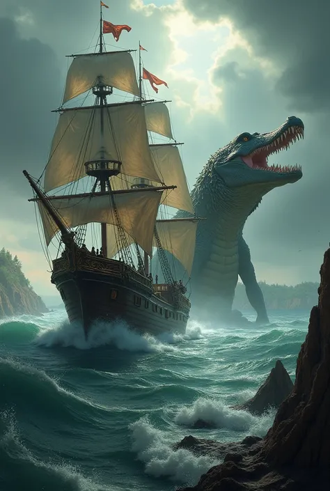 Ship and Crocodile behind in image