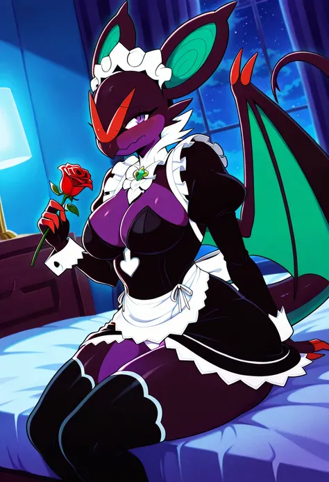 best quality, (anime style:1.3),(1girl,solo:1.2), uploaded on e621, female, solo, anthro, fur, feral, mammal, scalie, pokemon, noivern, two tone body, multicolored body, black and purple body, bald, big large breasts, maid apron, long black maid uniform, u...