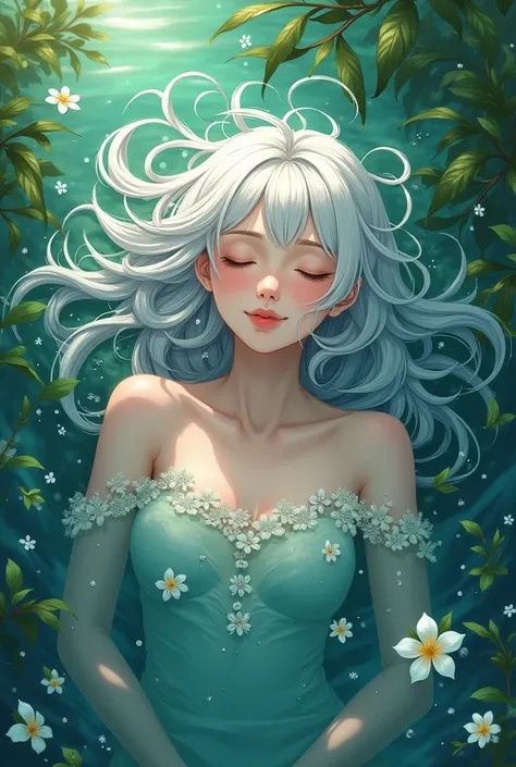  kvinner, white hair, Close your eyes,Lying on the surface of the water, ,แสงสีส้มตกกระทบที่ใบหน้าที่ Close your eyesของเธอ, all around her, filled with green aquatic plants and flowers, ,oil  painting,, my hair was long until I was under the water I put o...