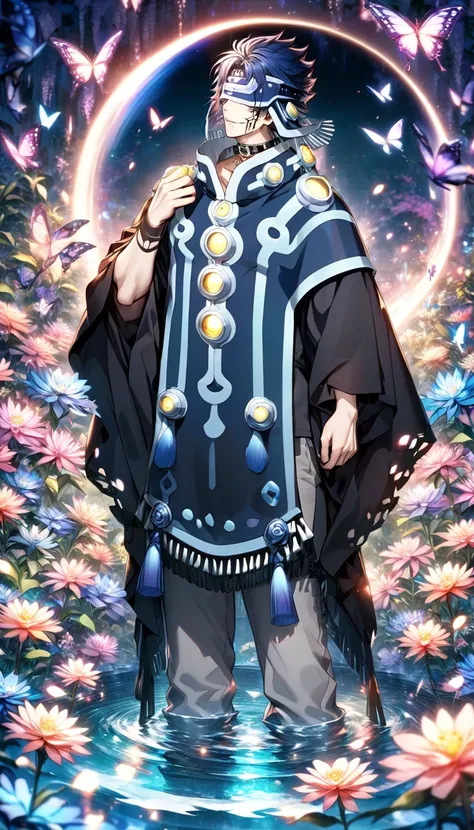 absurdres, highres, ultra detailed, HDR, master piece, best quality, Ren, dark blue hair, black headband over his eyes with white patterns, black poncho with white trimmings, black marks on his cheeks, Dramatical Murder, solo, sexy man, handsome, a field f...