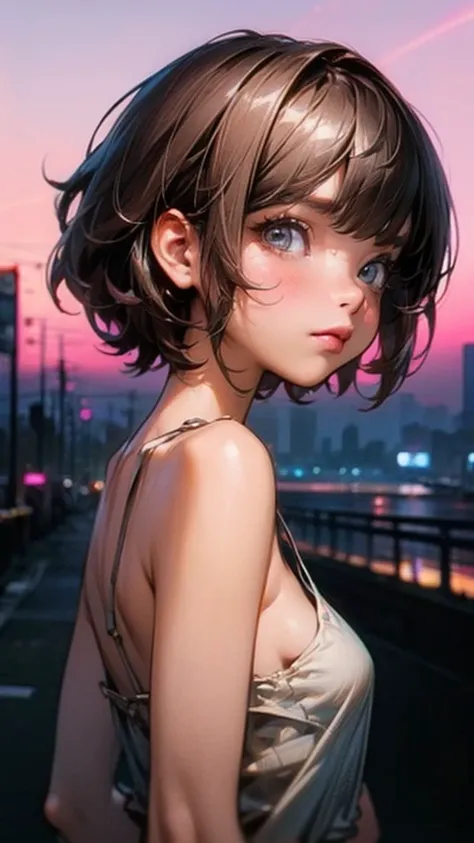 nsfw, (( masterpiece)), (( top quality)), 8k,  cyberpunk city  , at night,  Baby-Faced Girl ,Big Curve, cinematic lighting,  とてもMessy Hair , Teenage Girl, (Walking on the tip of a beautiful pier ), ( exposed small breasts ), ( terribly tattered and torn ca...