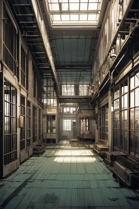 A large and retro orphanage with old style and with cages inside the rooms and ren inside like caged animals.