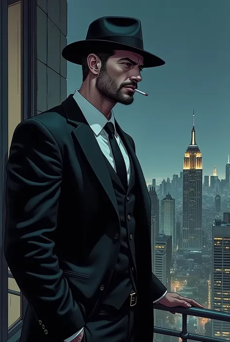 A captivating minimalist comic book-style drawing of a seasoned detective, exuding confidence and wisdom. He has a well-defined face, a chiseled jawline, and sharp facial features, with a cigarette in his mouth and a hat on his head. His lean and muscular ...