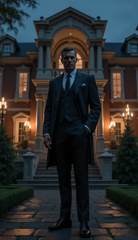 image of underground banker outside the mansion at night