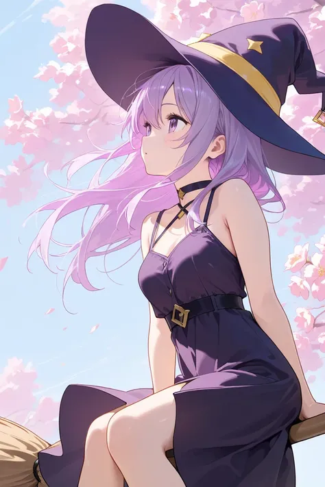 Purple-haired girl riding a flower broom