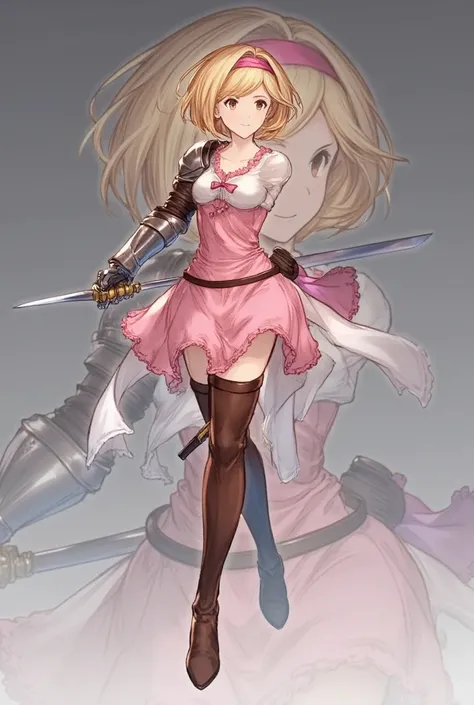 (Greatest Masterpiece ,4K,8k,  top quality:1.2, Masterpiece:1.2),  1 girl, Alone,Zeta,  Pink Hairband ,  dress,  gauntlet ,  brown knee-high, Thigh Boots,sword