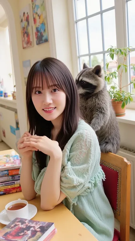 A cozy, heartwarming scene of a young woman living with a cute raccoon. The woman, wearing casual clothes, is sitting at a wooden kitchen table with a cup of tea, smiling at the raccoon, who is playfully sitting on the table. The room is filled with soft, ...