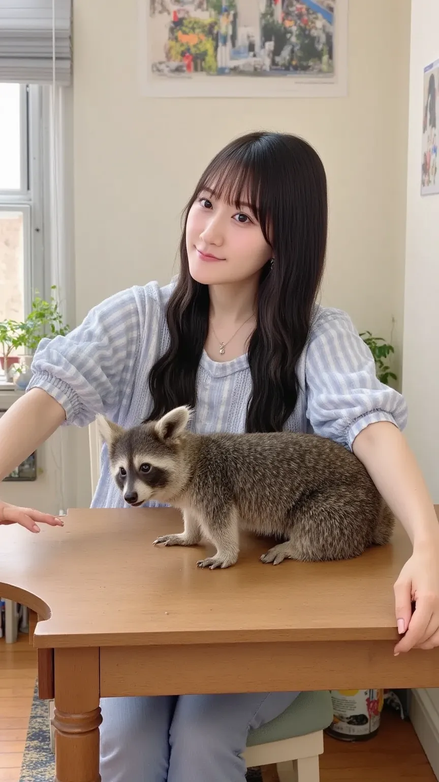 A cozy, heartwarming scene of a young woman living with a cute raccoon. The woman, wearing casual clothes, is sitting at a wooden kitchen table with a cup of tea, smiling at the raccoon, who is playfully sitting on the table. The room is filled with soft, ...