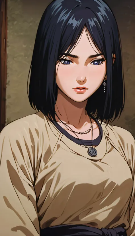 vintage movie, girl, short hair, navy hair, straight hair, woman body, cute necklace, cute earrings, ((dressed like hyuuga neji from naruto))
, hyuga clan, shinobi village, konohagakure, (((perfect lips))), perfect hair, looking down, shy, melancholic, ((y...