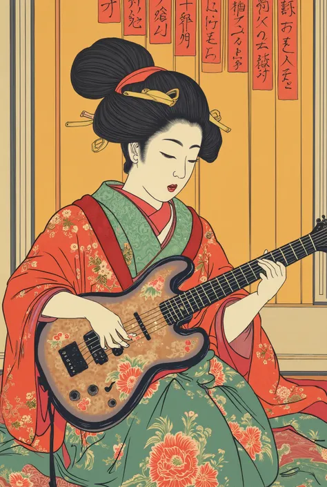 Ukiyo-e style, A maiko in a kimono plays an electric guitar on stage, Ukiyoe on Japanese paper, Kimono, flat color anime, fushihui, headshot, (upper body, half body photo).
