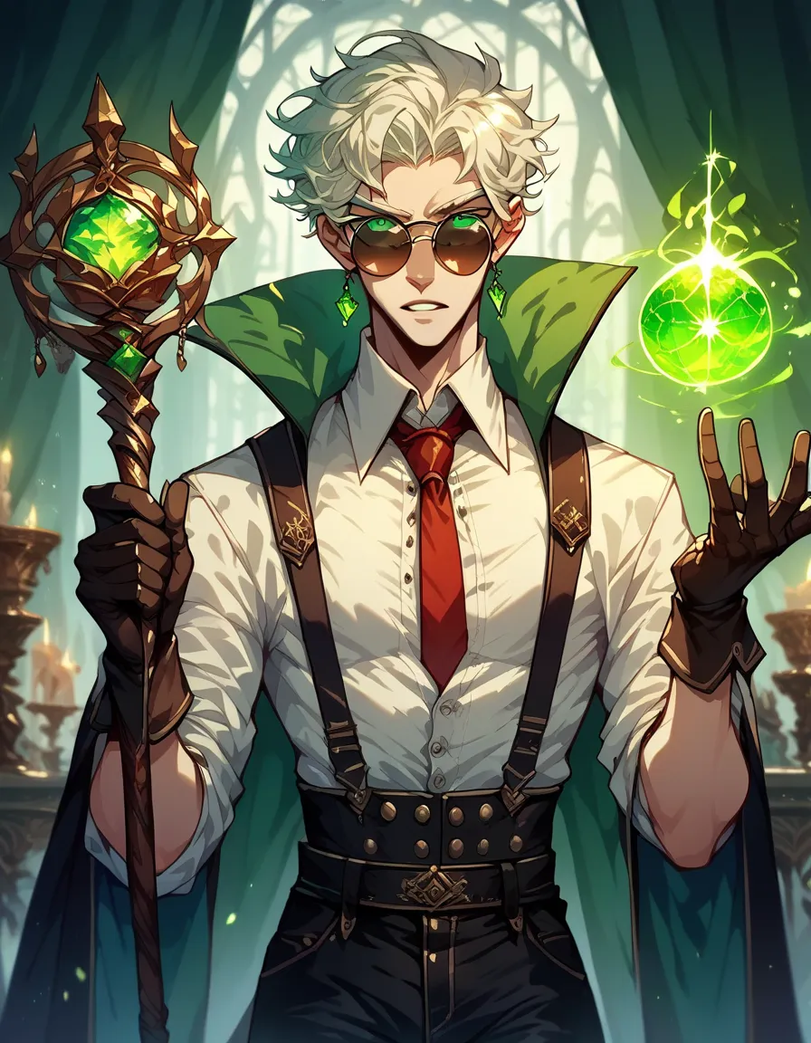 human Male , whiter  hair Style   , Green pupils    , white shirt Buttons  , Suspenders ,StickySweet Style ,  red necktie , Gloves  , Black Pants ,round Sunglasses , Green Weapon Orbstaff