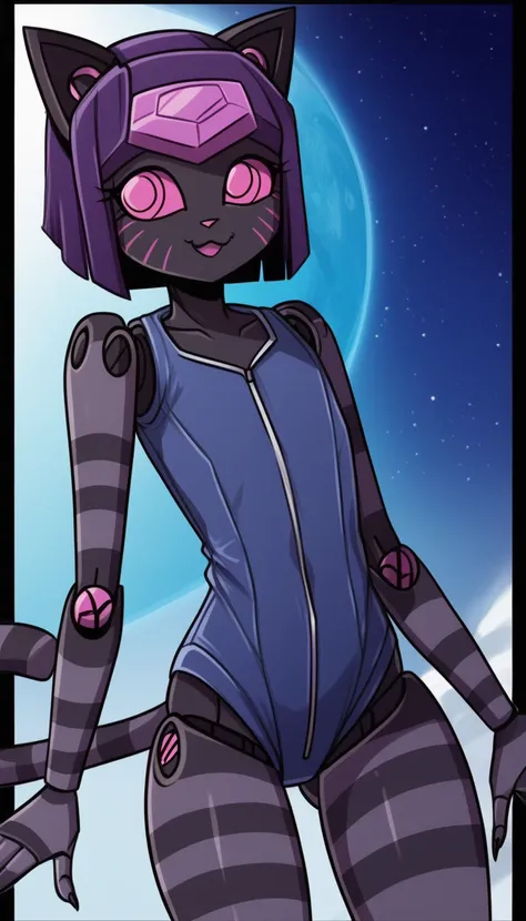   High quality ,    very detailed ,     very detailed   , (  robot cat boy anthro  :1.8),  grey fur, stripes on the body ,    disheveled thick dark purple hair  ,    flat chest   ,   wide hips,  juicy thighs,   slim,     perfect body  , female, (( blue spa...