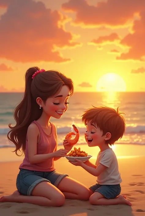 Mom and son on the beach eating a serving of shrimp with one inside the sun 