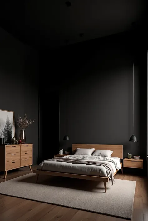 Bedroom: black wall, black ceiling, wood furniture