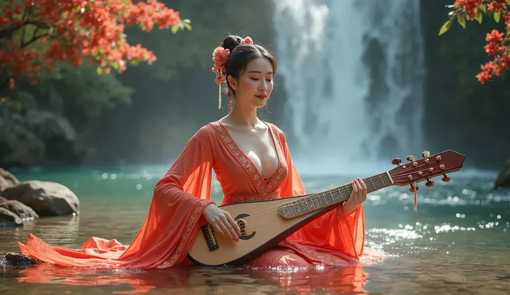 Beautiful Chinese lady wear show big breasts playing a Chinese guzheng in the beautiful waterfall and full of a lot of flowers.