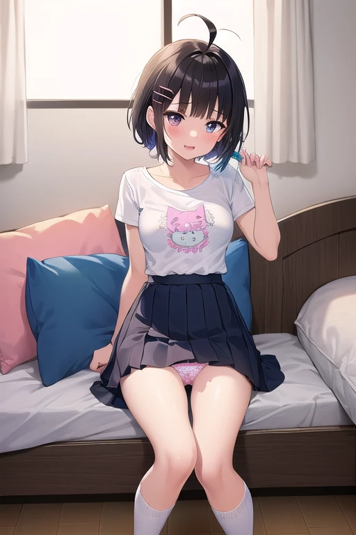 ((top quality)), ((masterpiece)), (Details),  1 girl。blunt bangs。Short Hair。 braided ponytail with extended skirt。ahoge。Cute hair clip。 look so young。 small breasts。(moving composition)。 girls' room。 wide neck t-shirt。Cute miniskirt。 long socks。sit。Panties...