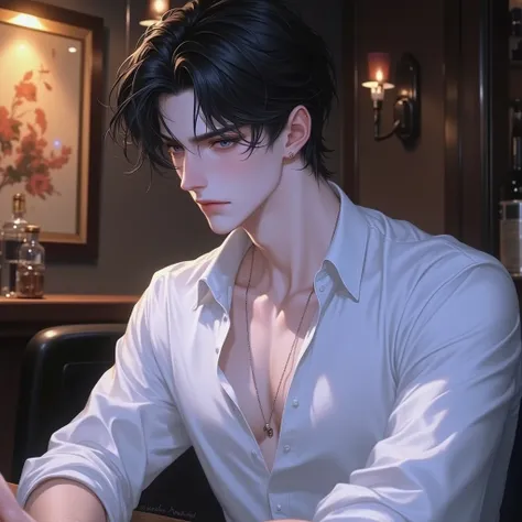 4k , 8k , (1male short black hair withbangs blue eyes) , ผู้ใหญ่ ,หล่อ, ชายอายุ 25 ปี, Pub Bar environment , little smile , with white shirt , novel , manhwa , handsome man , very details , perspective , good focus , hair details , very anime eyes detais  ...