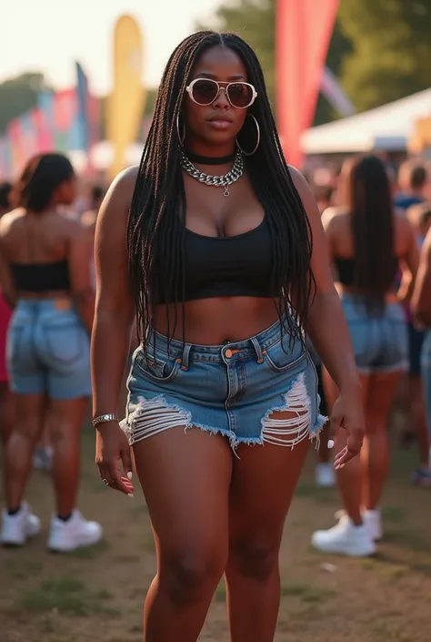 A curvaceous Black woman wearing a playful, denim mini skirt with frayed edges, a fitted black crop top, and white platform sneakers. She’s accessorized with a silver belly chain and a pair of oversized sunglasses. Her hair is styled in long braids. The se...