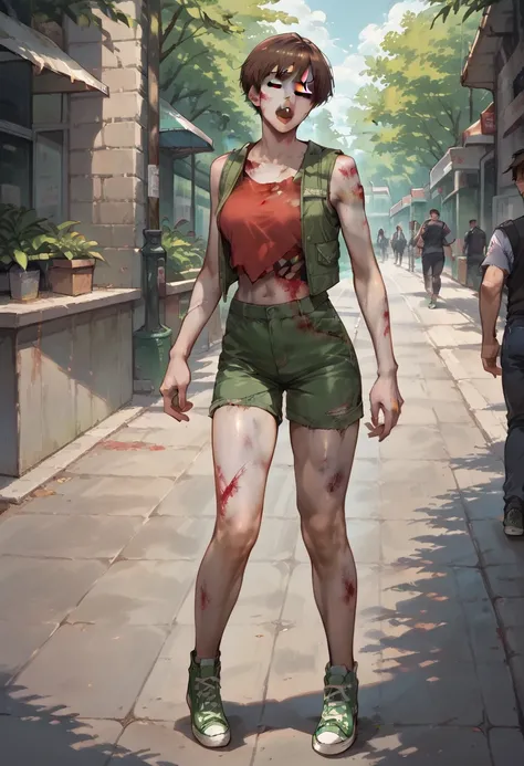 Score_9, Score_8_up, Score_7_up, Score_6_up, Resources _ actual ,  BREAK 1girl , mistyZombies, fear (theme), Zombies,  grey eyes ,  Colored Skin ,  Gray Skin ,  Brown Hair ,  short hair,  green eyes ,  vest, Chubu,  shorts, Blood,  broken clothes ,  green ...