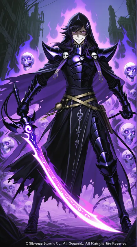 Character Focus: (Solo 1boy)
A hauntingly necromancer with lunatic, purple eyes (void/symbol-shaped pupils), pale skin, and a manic grin. Long black hair (side-swept bangs, disheveled, shaded face), cascades over a black hooded mourner’s robe adorned with ...