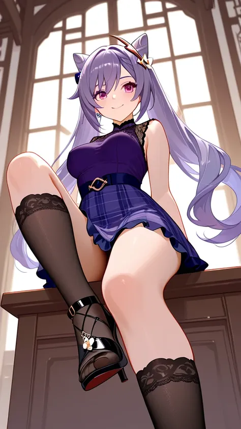 8k,masterpiece, best quality, ultra detailed, high resolution, super fine illustration,Keqing (Genshin impact), 1girl, solo, smile,purple eyes, purple hair, cone hair bun, double bun, braided bangs, long hair, medium breasts, casual style, sleeveless dress...