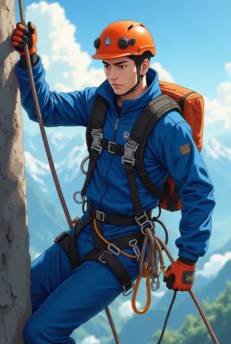 Asian Bald guy, rope access technician full gear, high angle, anime, nice view, blue uniform, rescue team, with orange patzel helmet, rope attached to full body harness, carabina, figure of eight, abseling, no bag, bucket stracher, 
