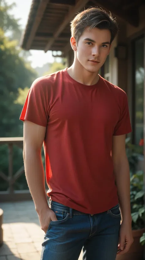 A man with an Indonesian face, use a red shirt, jeans,  short hair, detailed,  natural lighting ,  Ultra HD, the best camera