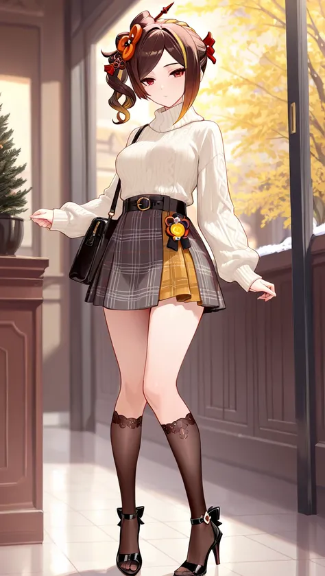 8k, Masterpiece, best quality, ultra detailed, high resolution, super fine illustration,Chiori (Genshin impact), 1girl, brown hair, yellow hair, gradient hair,medium hair,side ponytail, drilled ponytail, sidelocks,red eyes, medium breasts, winter fashion o...