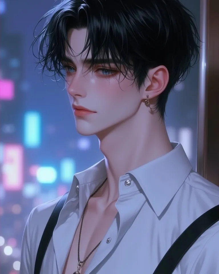 4k , 8k , (1male short black hair withbangs blue eyes) , ผู้ใหญ่ ,หล่อ, ชายอายุ 25 ปี, Pub Bar environment , little smile , with white shirt , novel , manhwa , handsome man , very details , perspective , good focus , hair details , very anime eyes detais  ...